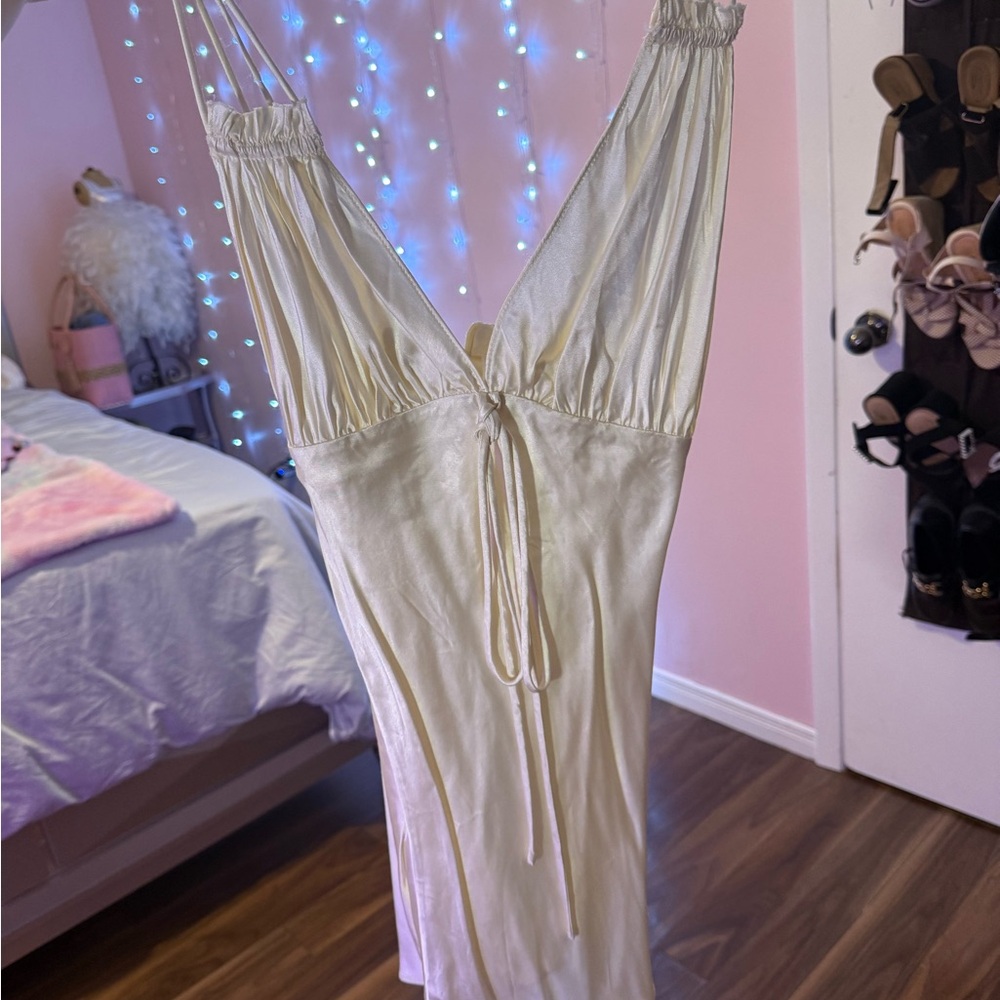 Zara Cream Satin V-Neck Dress